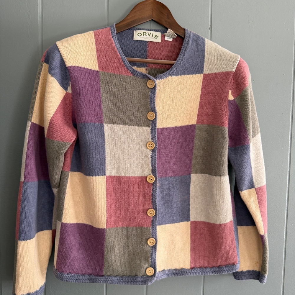 Vintage Orvis Womens Patchwork Colorblock Cardigan Sweater M 90s Mod Cottagecore